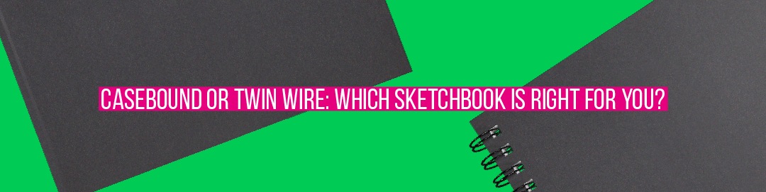 A black casebound and twin wire sketchbook on a green background with the title of the blog on it.