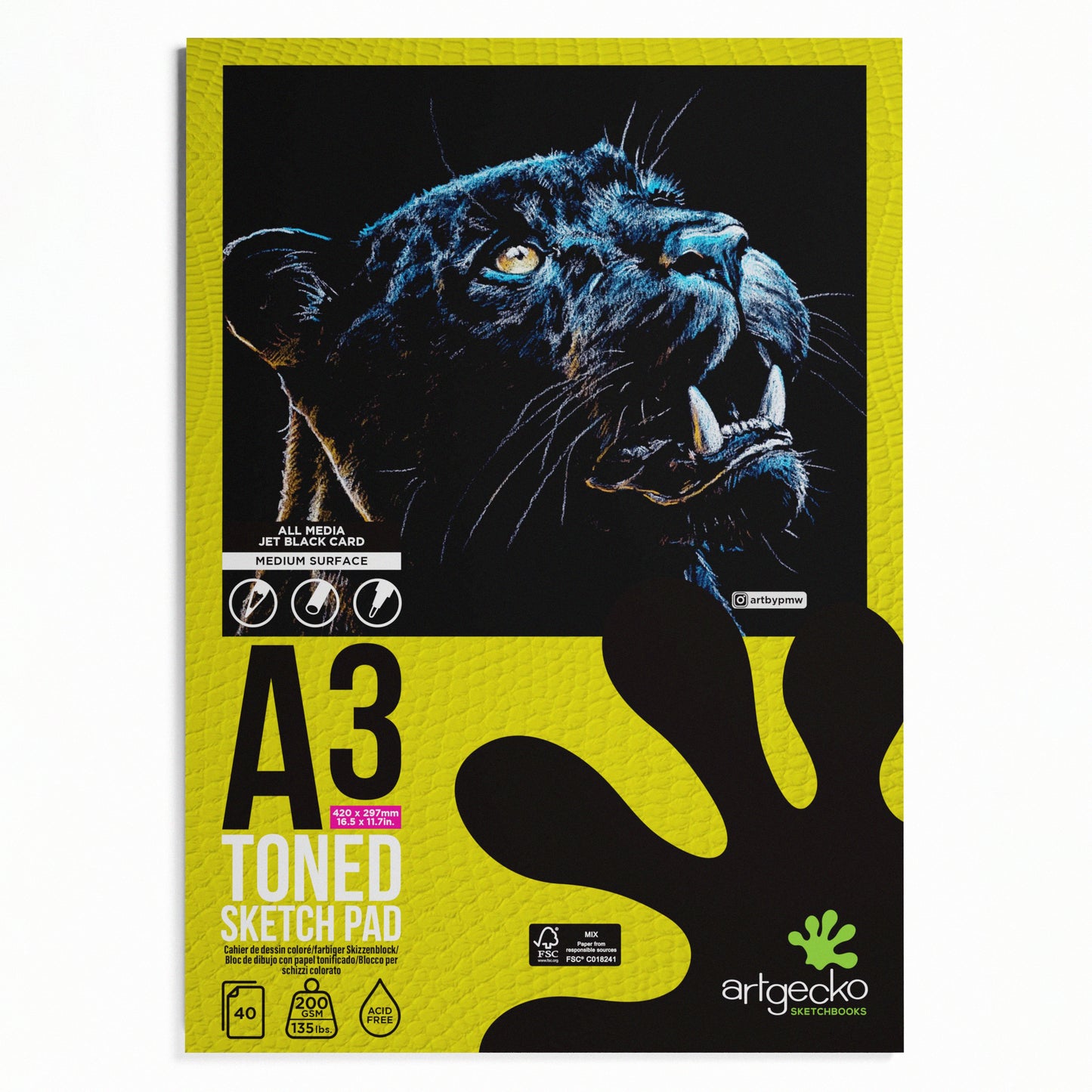 A3 PRO Gecko Toned Black Sketch Pad by Artgecko Sketchbooks that contains 200gsm black card