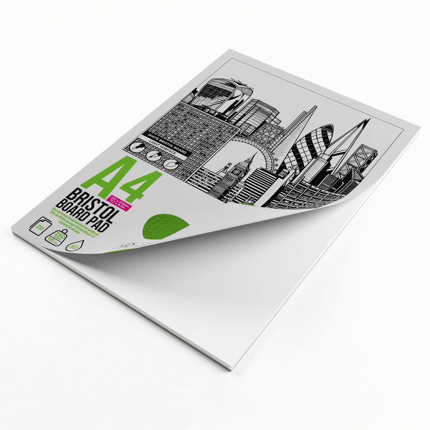The A4 PRO Gecko Bristol Board Pad with it's cover curling open to reveal the 250gsm paper inside.