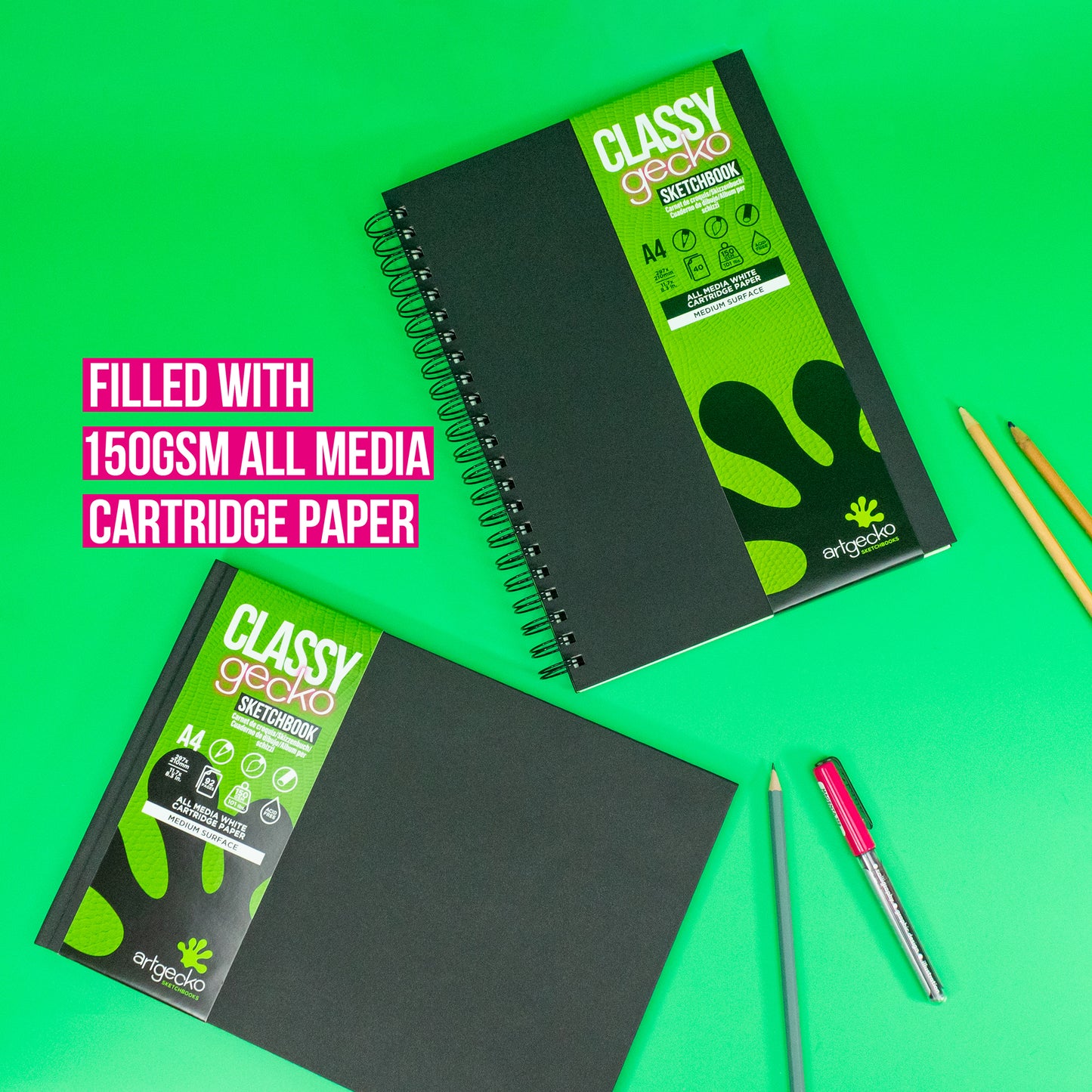 Classy Gecko Sketchbooks by Artgecko. These books contain 150gsm white cartridge paper and are available as twin wire and case bound. These books are on display on a green background.
