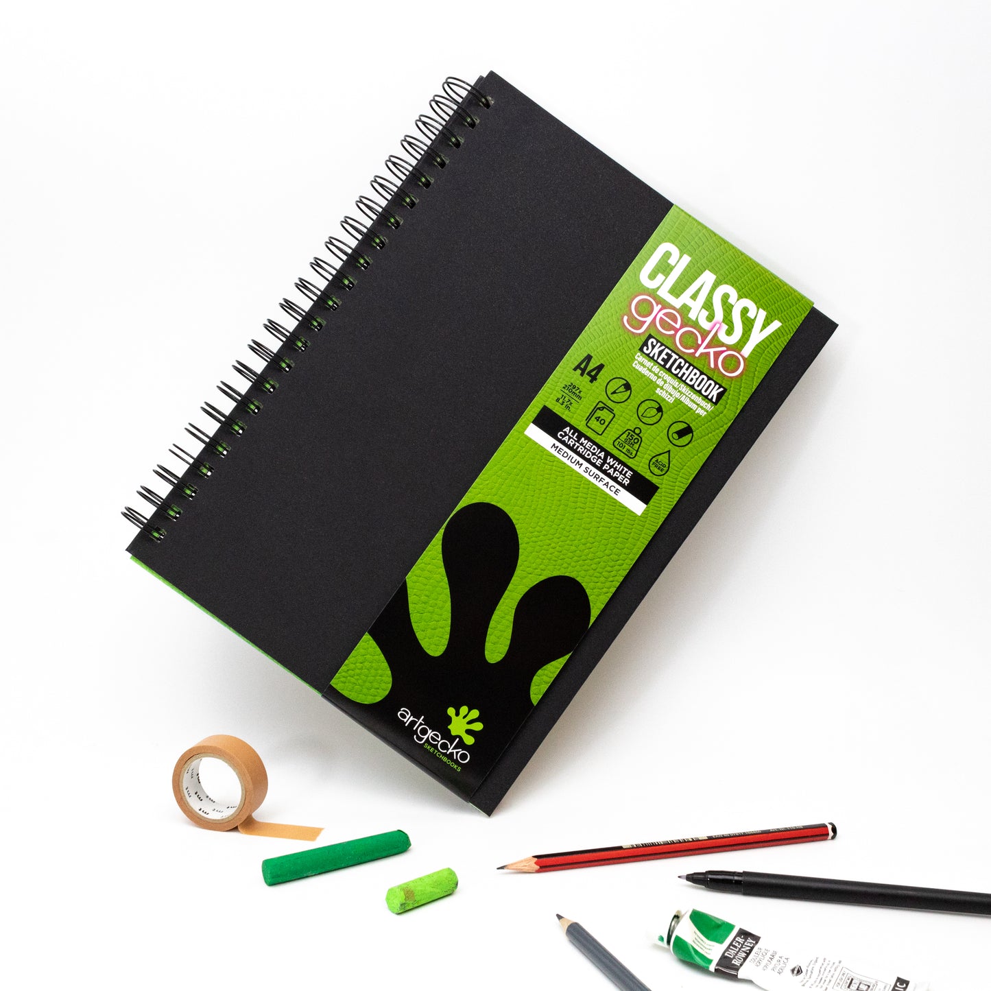 150gsm medium surface, toothy textured white cartridge paper, twin wire bound sketchbook.