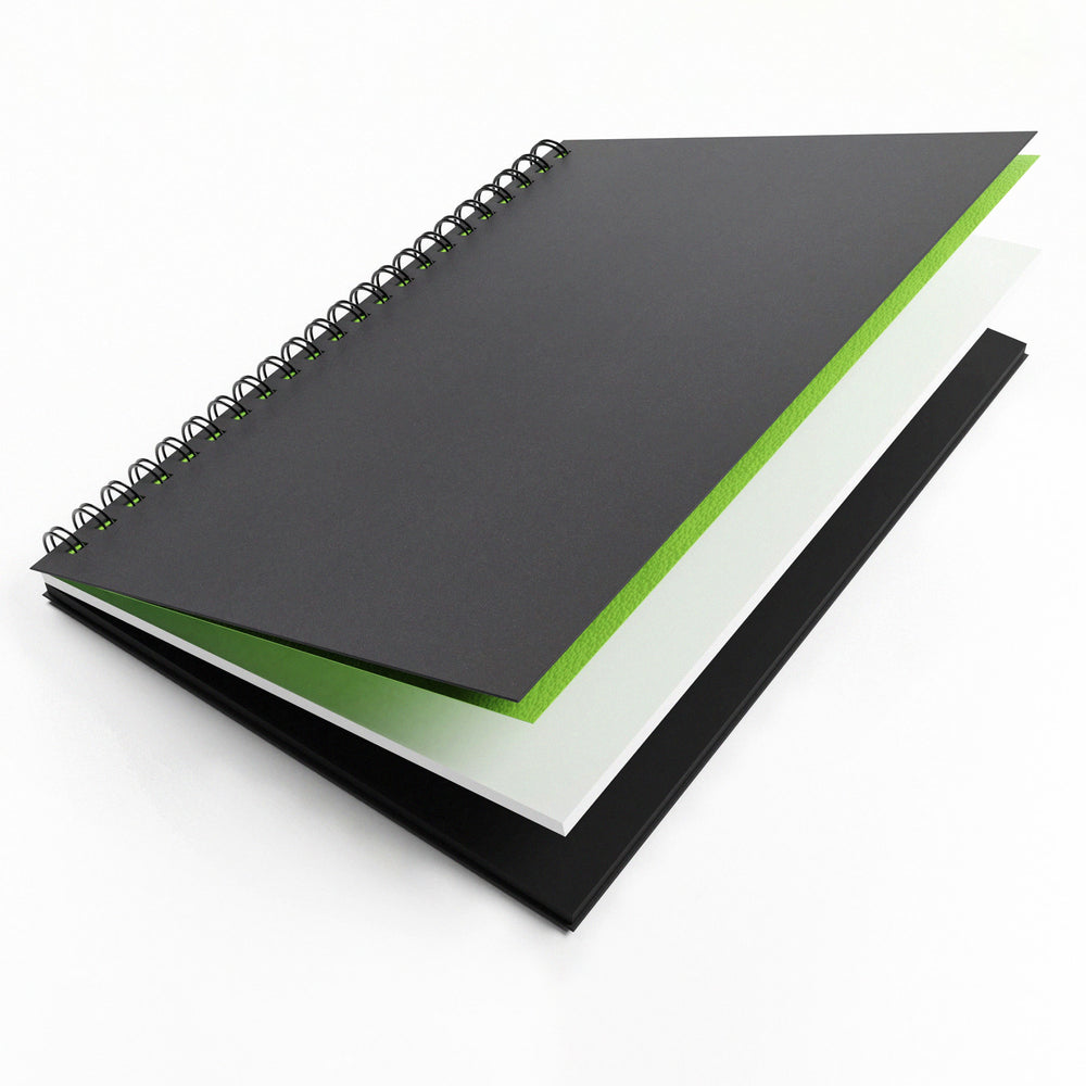 Mixed media A4 portrait sketchbook with twenty sheets of black card and twenty sheets of white cartridge paper.