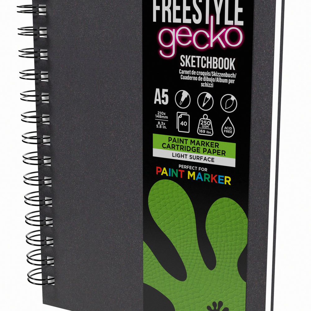 
                  
                    A5 portrait Artgecko Freestyle sketchbook with light surface hybrid paper, perfect for paint markers. 
                  
                