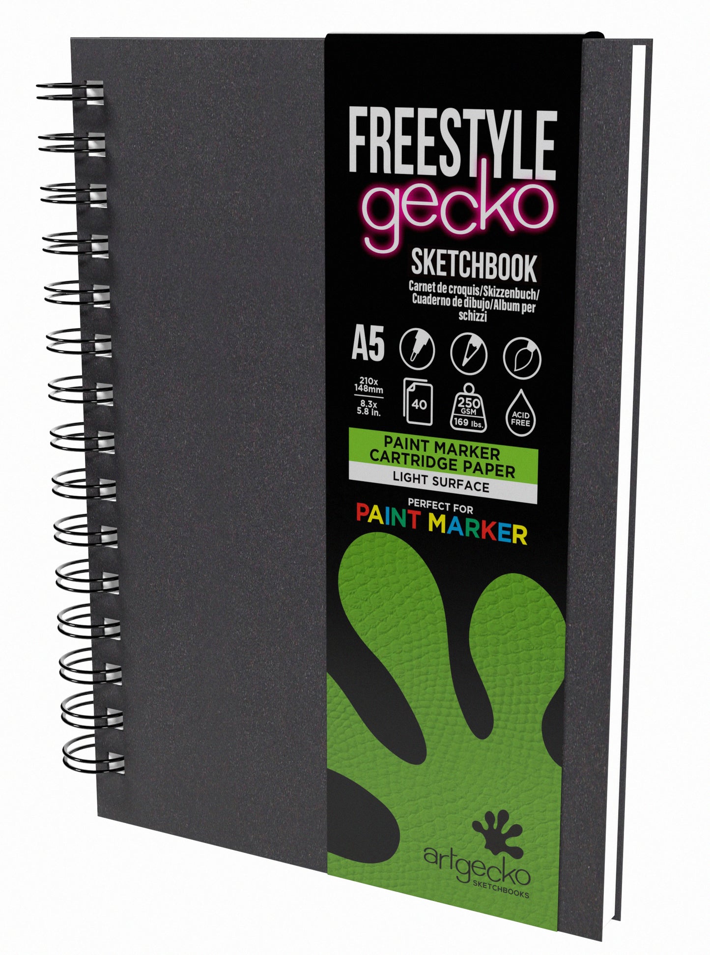 
                  
                    A5 portrait Artgecko Freestyle sketchbook with light surface hybrid paper, perfect for paint markers. 
                  
                