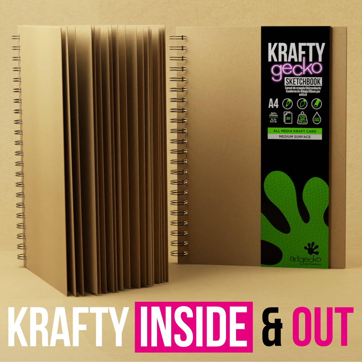 Visual of the Krafty Gecko Kraft Paper Sketchbook by Artgecko Sketchbooks.
