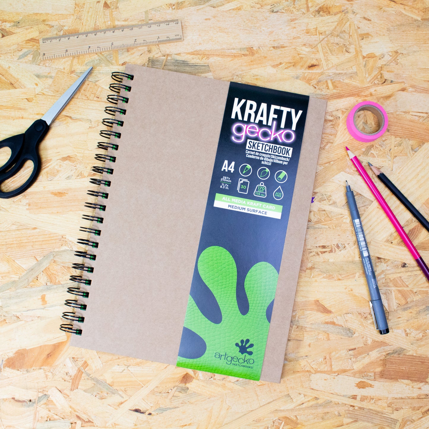 Lifestyle image of the Krafty Kraft Gecko by Artgecko Sketchbooks. A4 eco-friendly kraft sketchbook 170gsm FSC certified