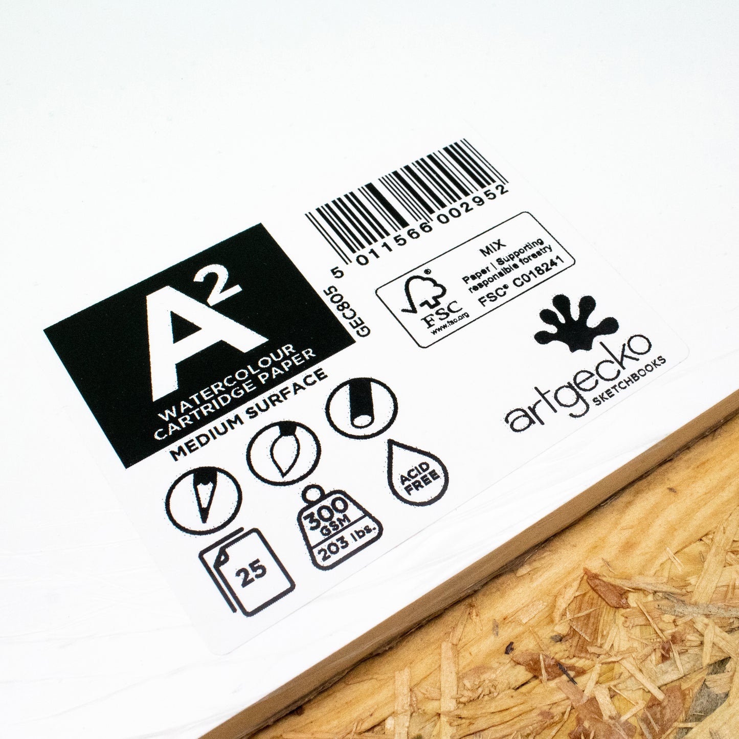 Artgecko watercolour cartridge paper pack with labels and a barcode on a white background. Artgecko Splashy A2 watercolour paper 35 sheets UK made.