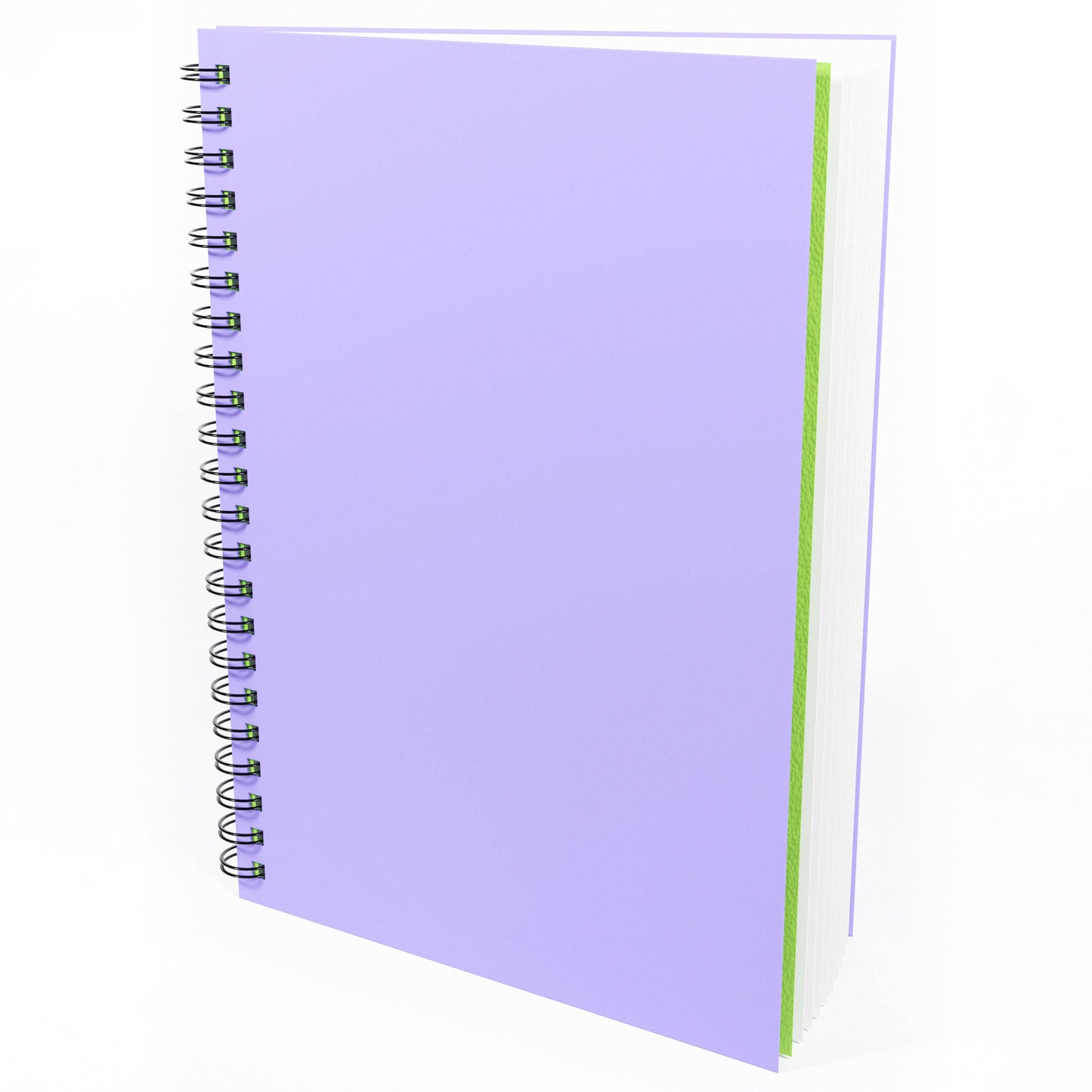 Lilac 'Flashy' sketchbook that is open slightly to reveal green cover sheet inside and All Media Cartridge paper inside the twin wire book, by Artgecko