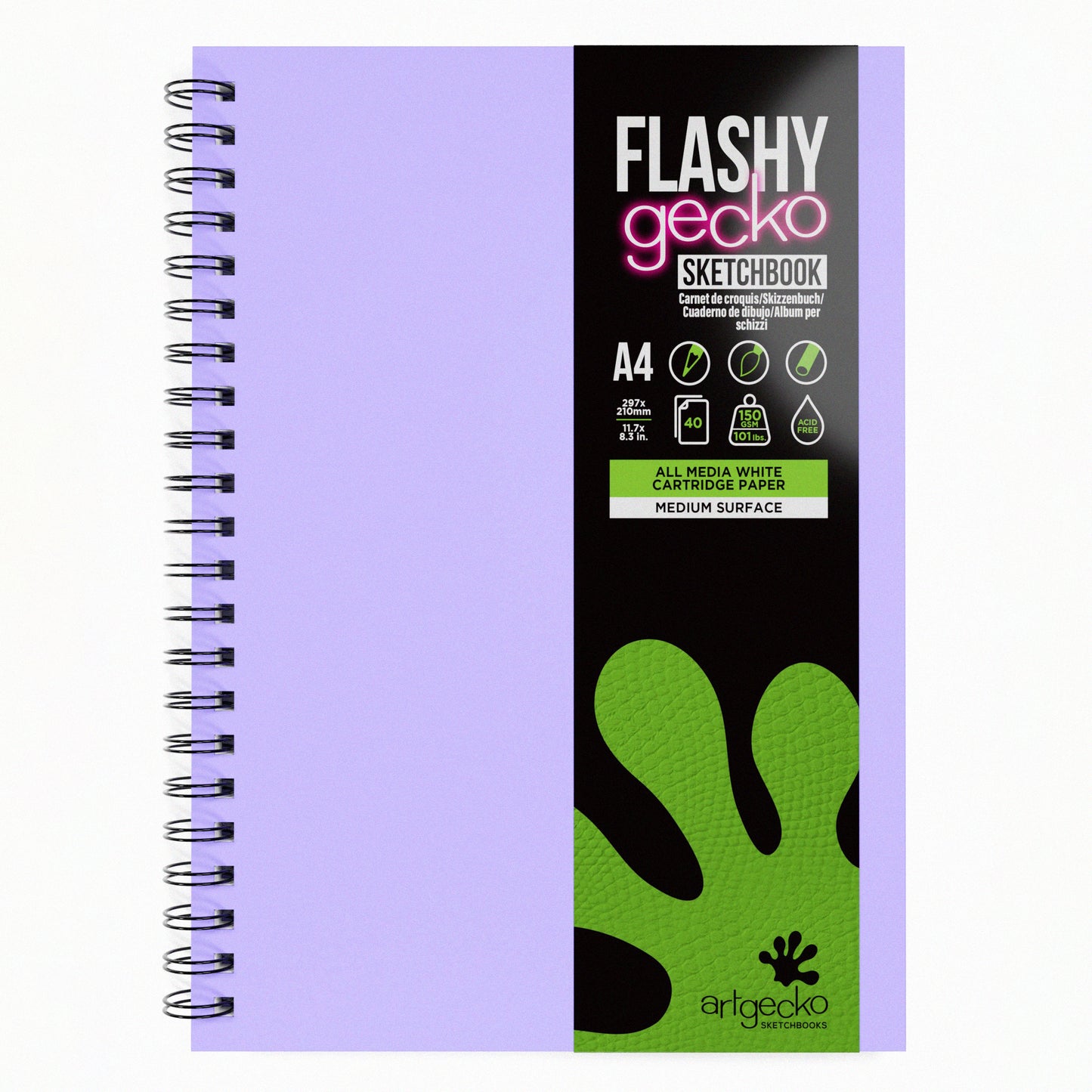 Lilac 'Flashy' portrait A4 sketchbook with label by Artgecko