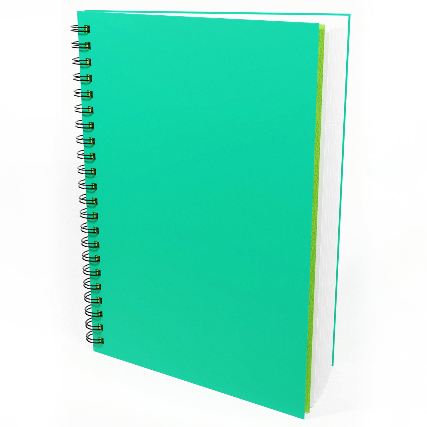 Mint 'Flashy' sketchbook that is open slightly to reveal green cover sheet inside and All Media Cartridge paper inside the twin wire book, by Artgecko
