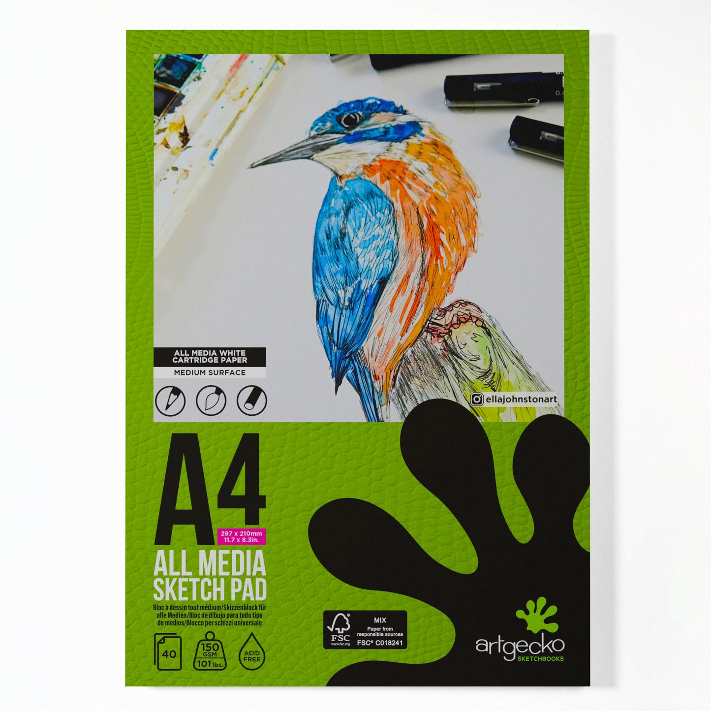 ArtGecko A4 sketch pad with a colourful bird illustration on a white background