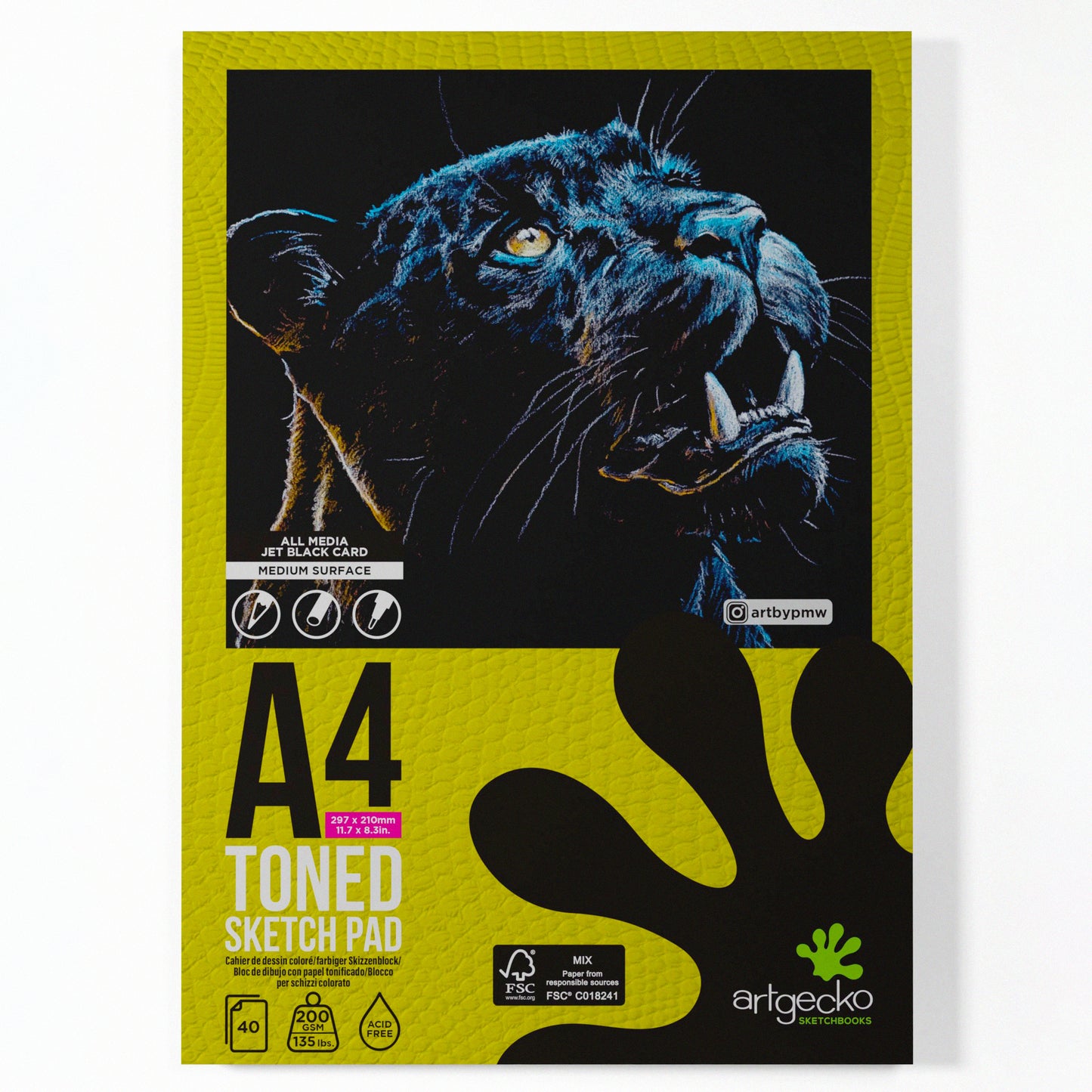 A4 PRO Gecko Toned Black Sketch Pad containing 200gsm black toned card.