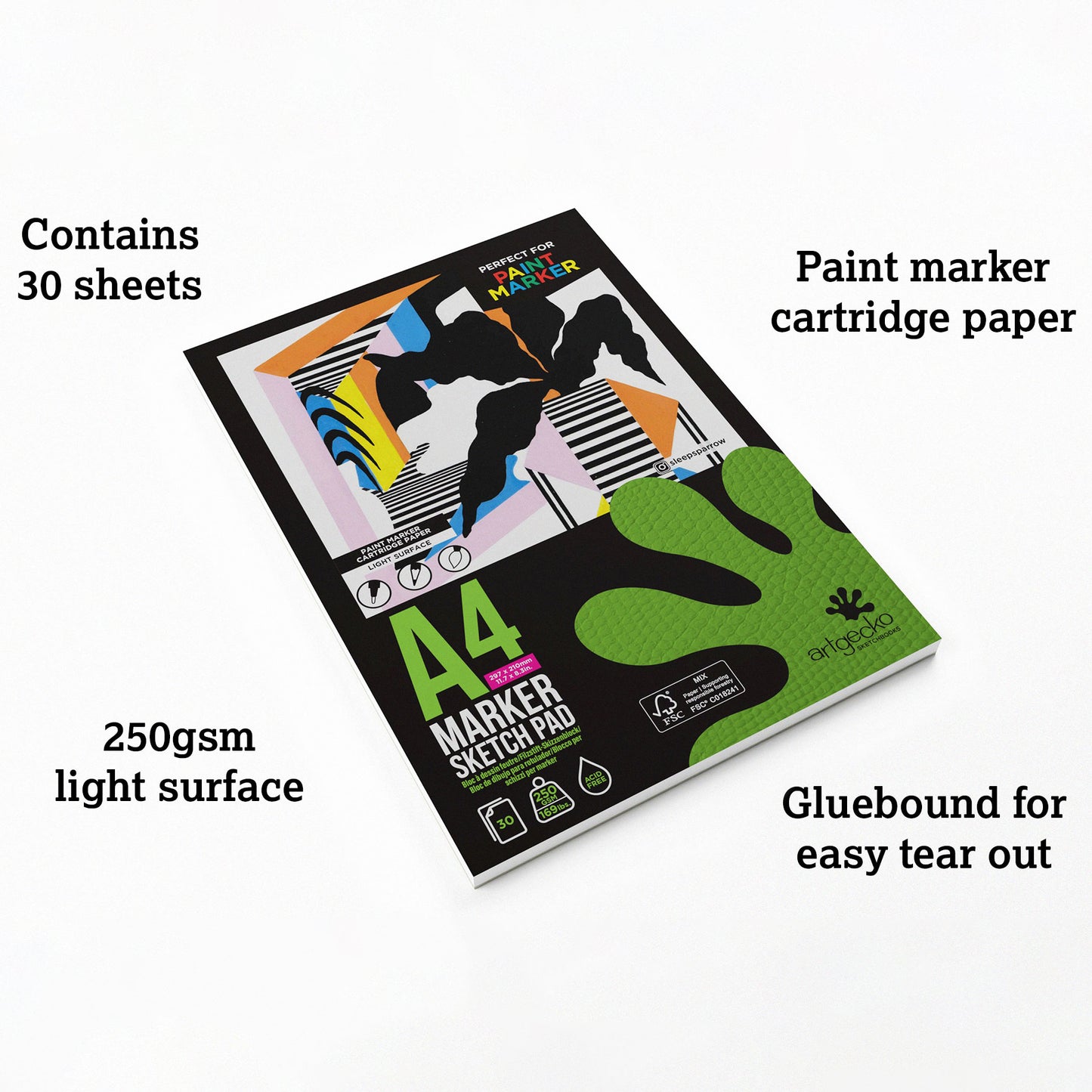 A4 ArtGecko marker sketch pad with text detailing its features on a white background