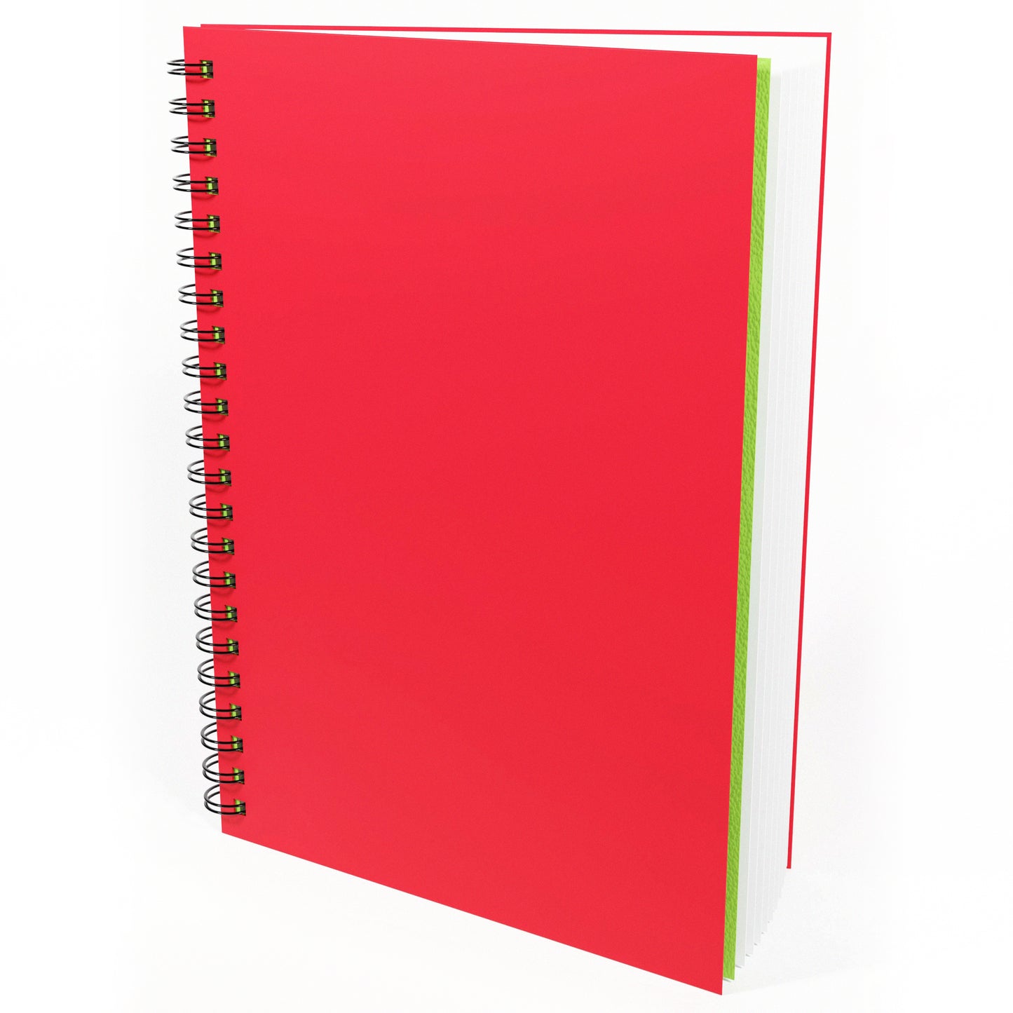 Red 'Flashy' sketchbook that is open slightly to reveal green cover sheet inside and All Media Cartridge paper inside the twin wire book, by Artgecko