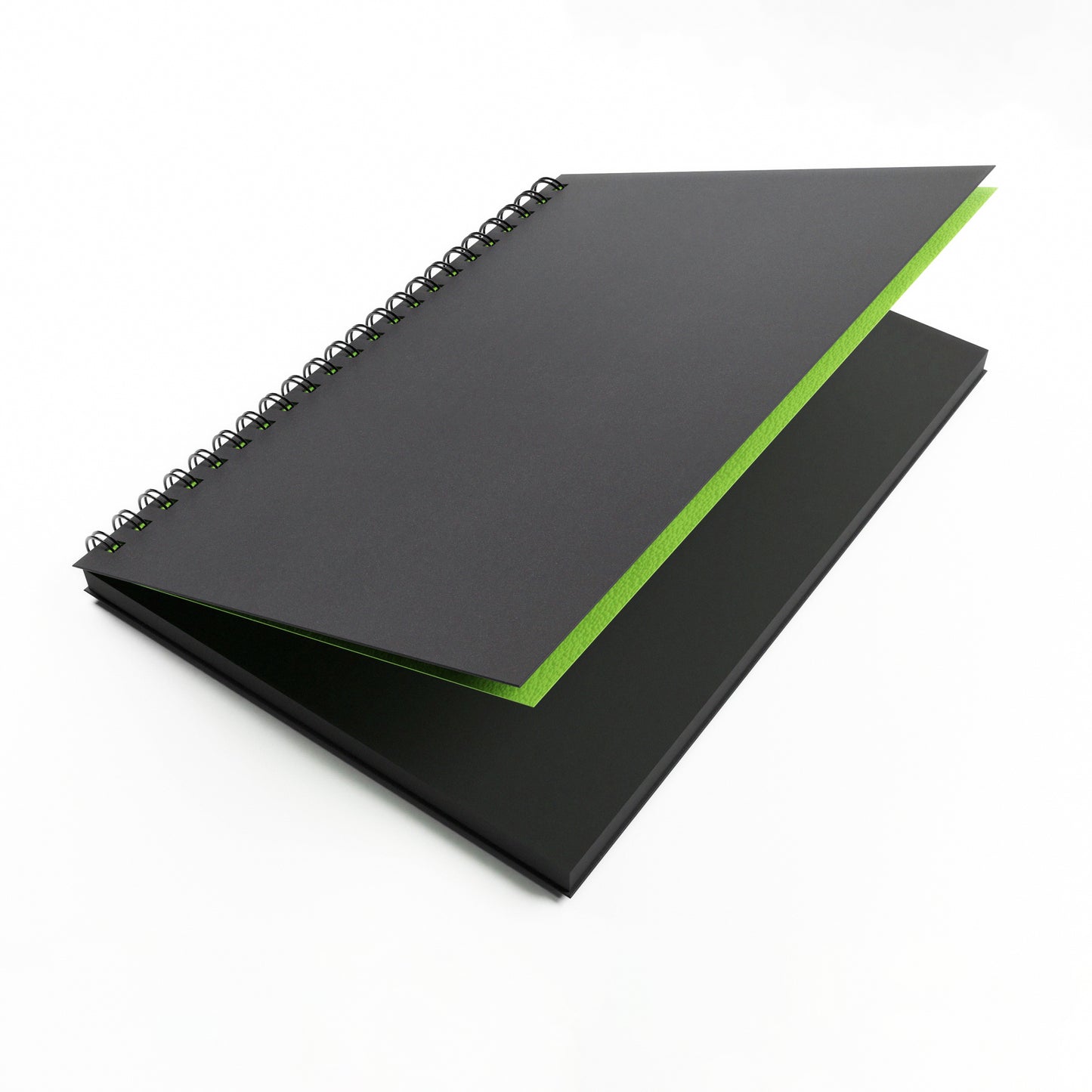 'Shady' black cover sketchbook that is open slightly to reveal green cover sheet inside and All Media 200gsm black card inside the twin wire book, by Artgecko