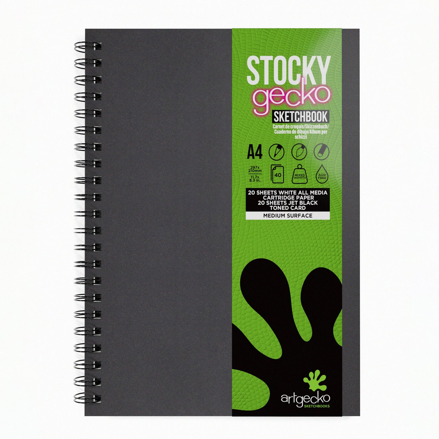 'Stocky' portrait A4 sketchbook with label by Artgecko