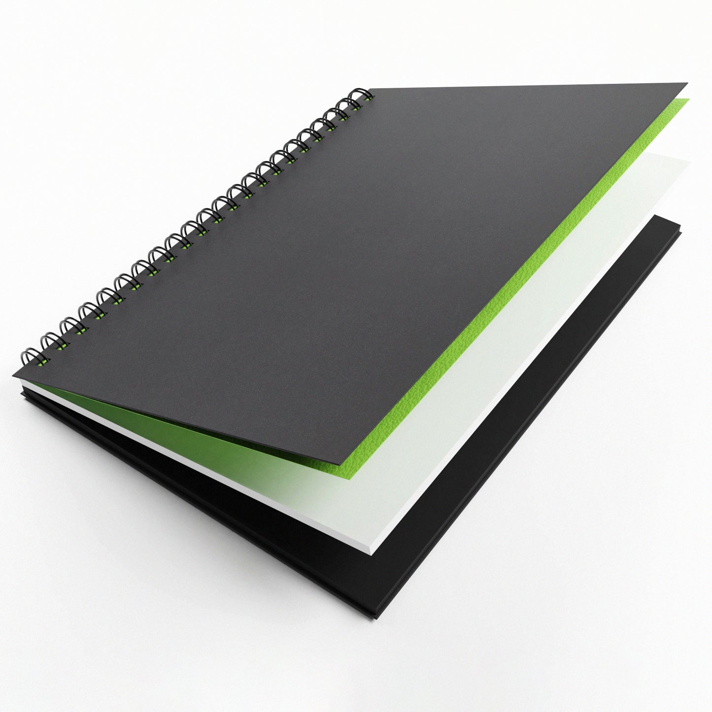 'Stocky' sketchbook that is open slightly to reveal green cover sheet inside, All Media Cartridge paper and black card inside the twin wire book, by Artgecko