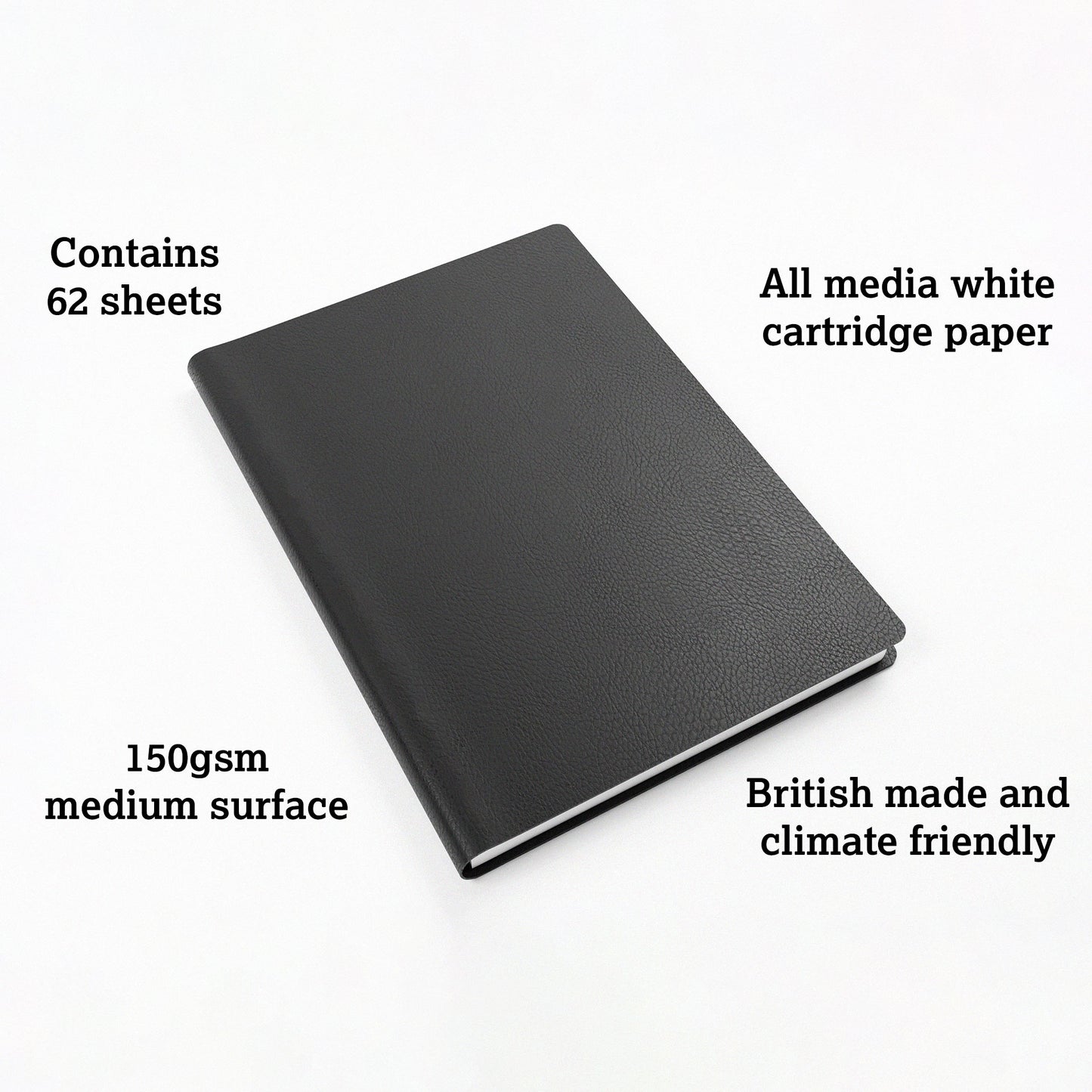 'Swanky' Sketch journal by Artgecko showing the textured soft vegan friendly leather cover and text explaining it's features
