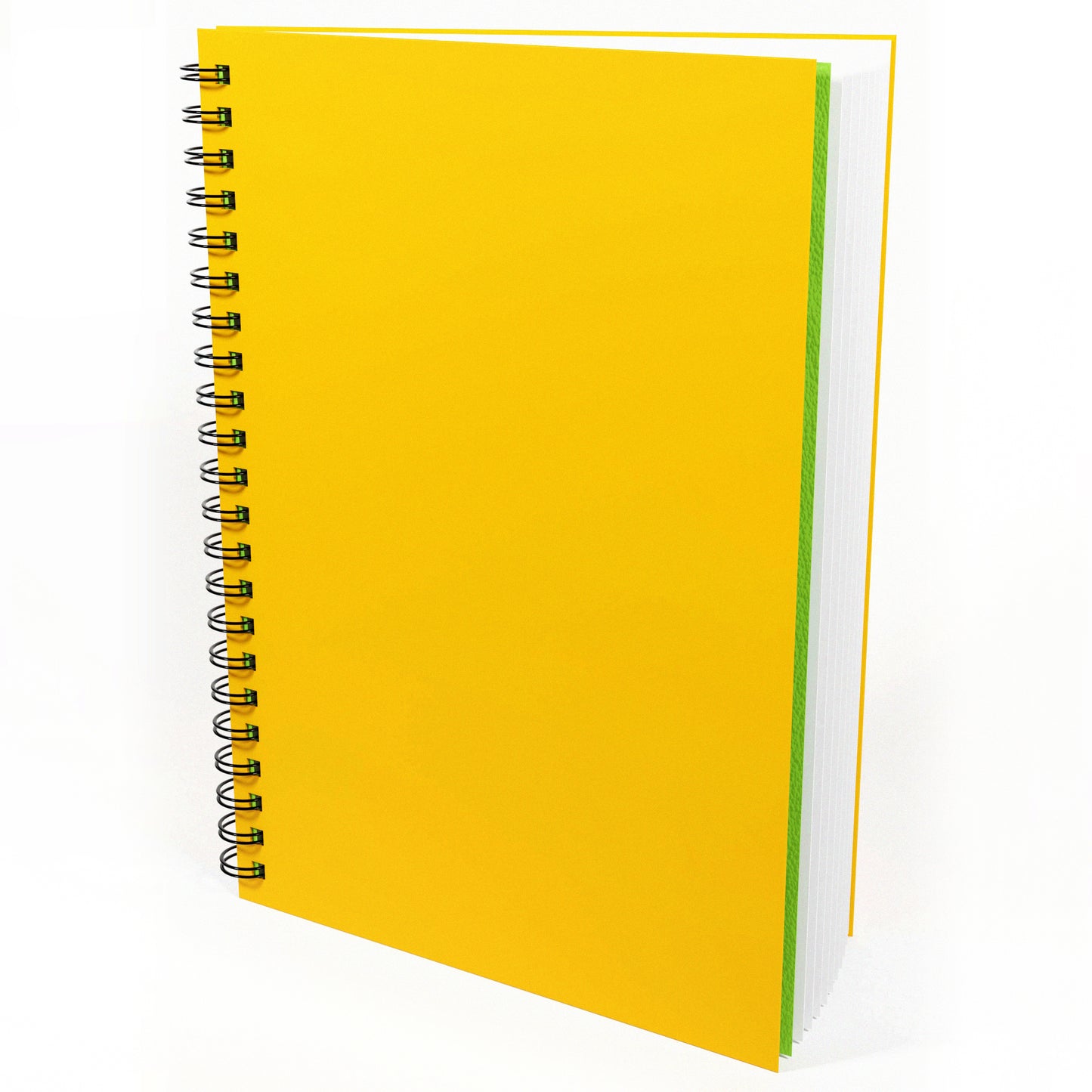 Yellow 'Flashy' sketchbook that is open slightly to reveal green cover sheet inside and All Media Cartridge paper inside the twin wire book, by Artgecko