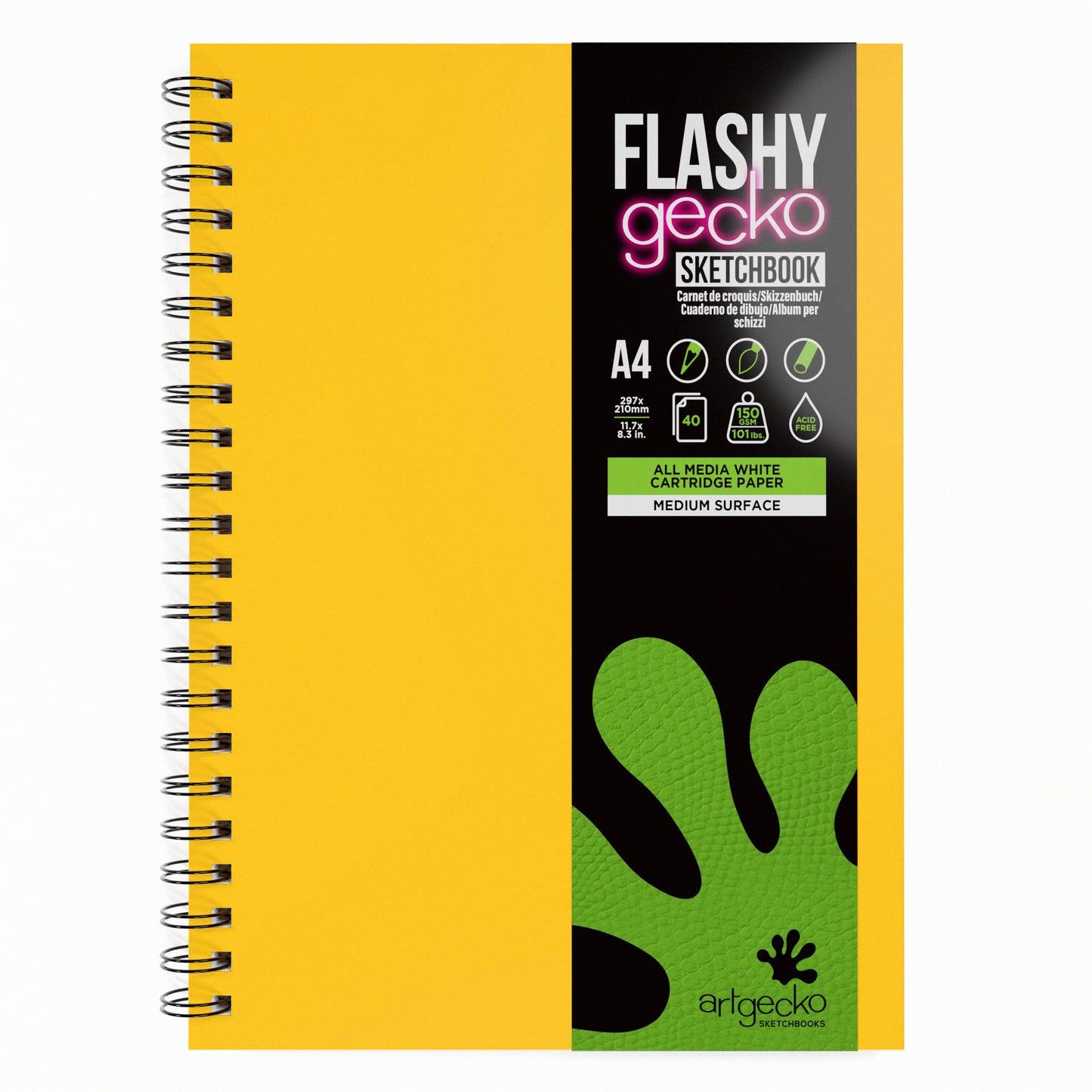 Yellow 'Flashy' portrait A4 sketchbook with label by Artgecko