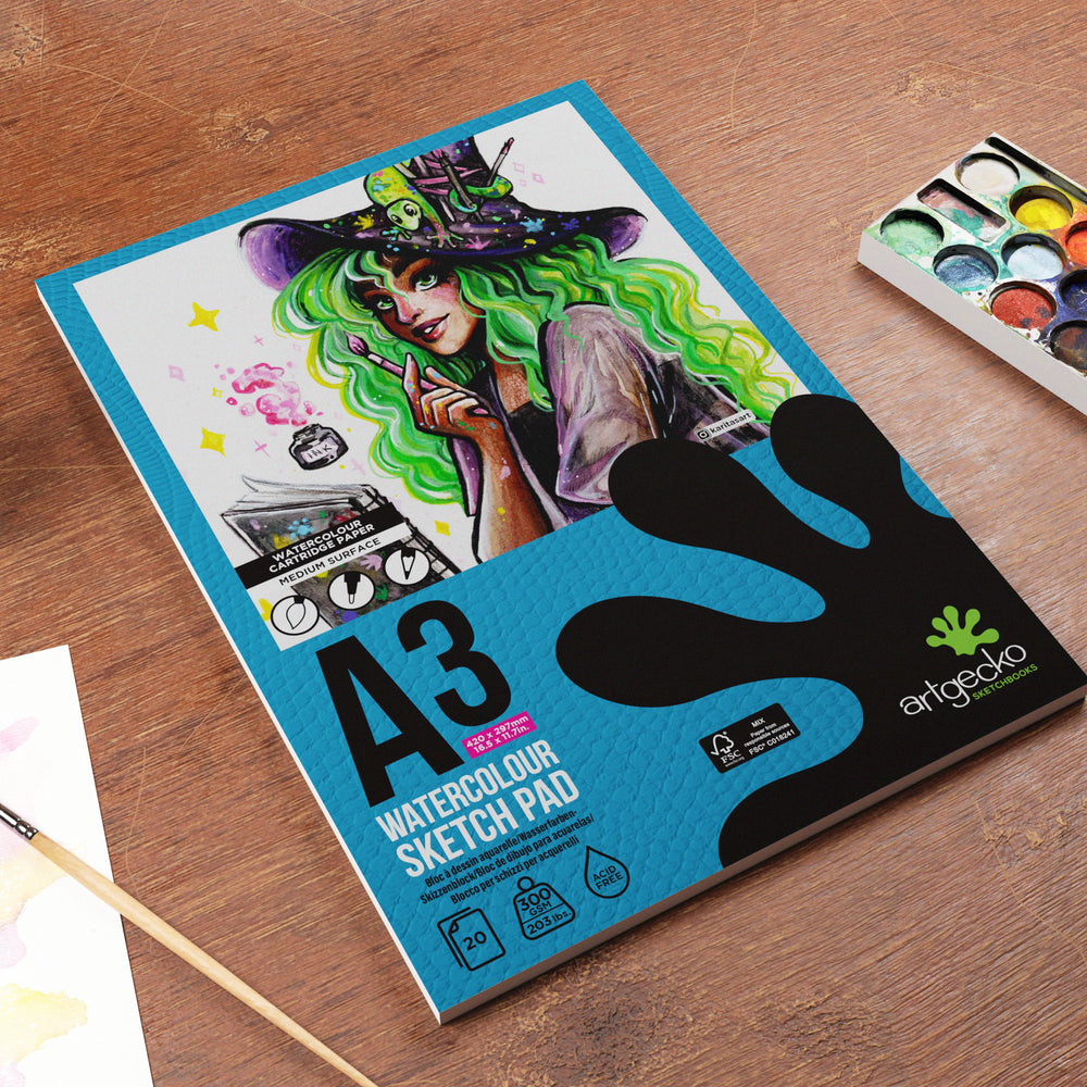 Artgecko watercolour sketchpad with 300gsm, medium surface, toothy texture watercolour paper.