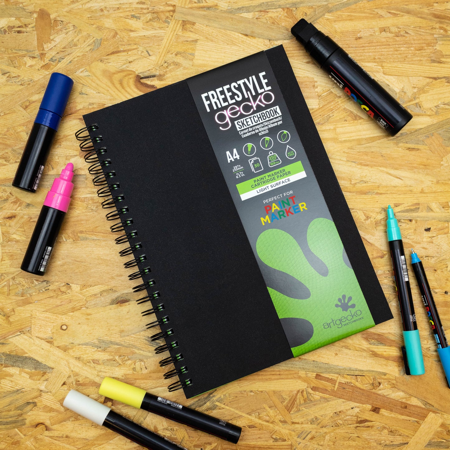 
                  
                    Artgecko Freestyle hybrid paper sketchbook, with a light surface for paint markers.
                  
                