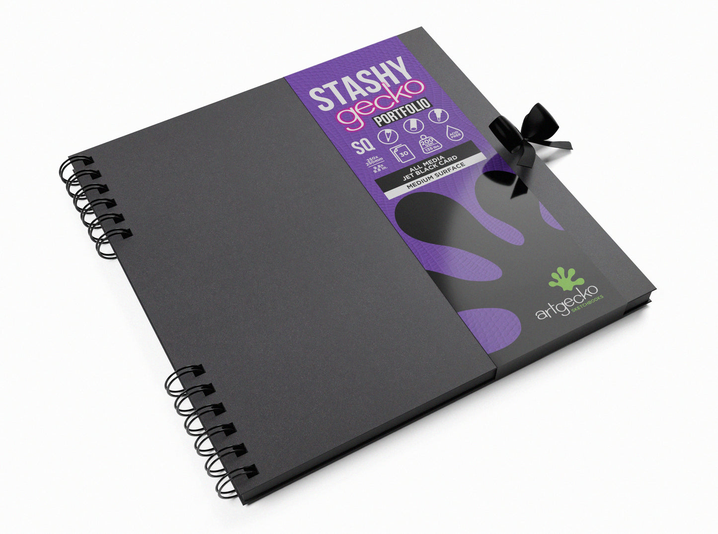 Skip bound square portfolio sketchbook with a black cover and black pages and black tie ribbon. Eco-friendly UK made black scrapbook with hardback covers.