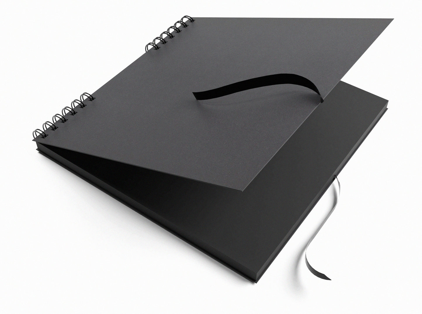Skip bound square portfolio sketchbook with a black cover and black pages and black tie ribbon. Premium black scrapbook album acid-free card.