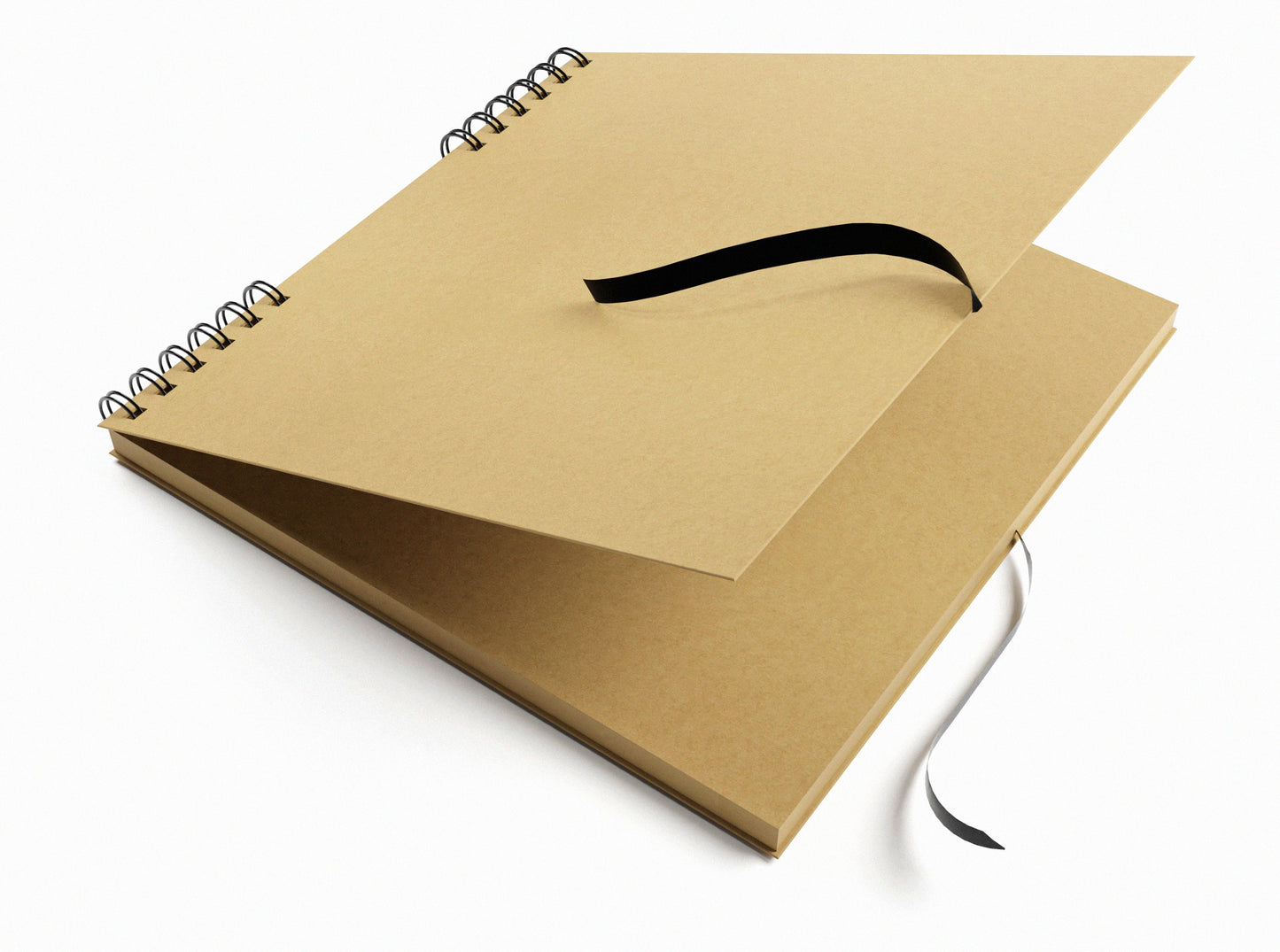 Skip bound square portfolio sketchbook with kraft card and kraft hardback covers and black tie ribbon.