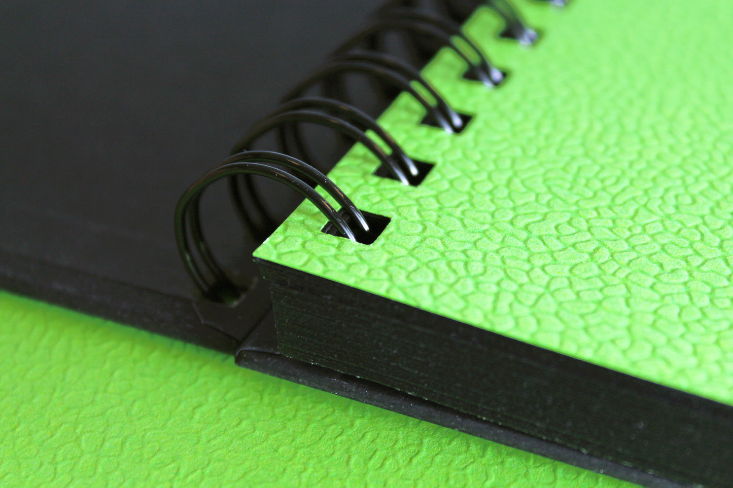 Close up of a 'Shady' Gecko sketchbook that is open to reveal the green textured cover sheet and jet balck 200gsm card inside and twin wire binding.