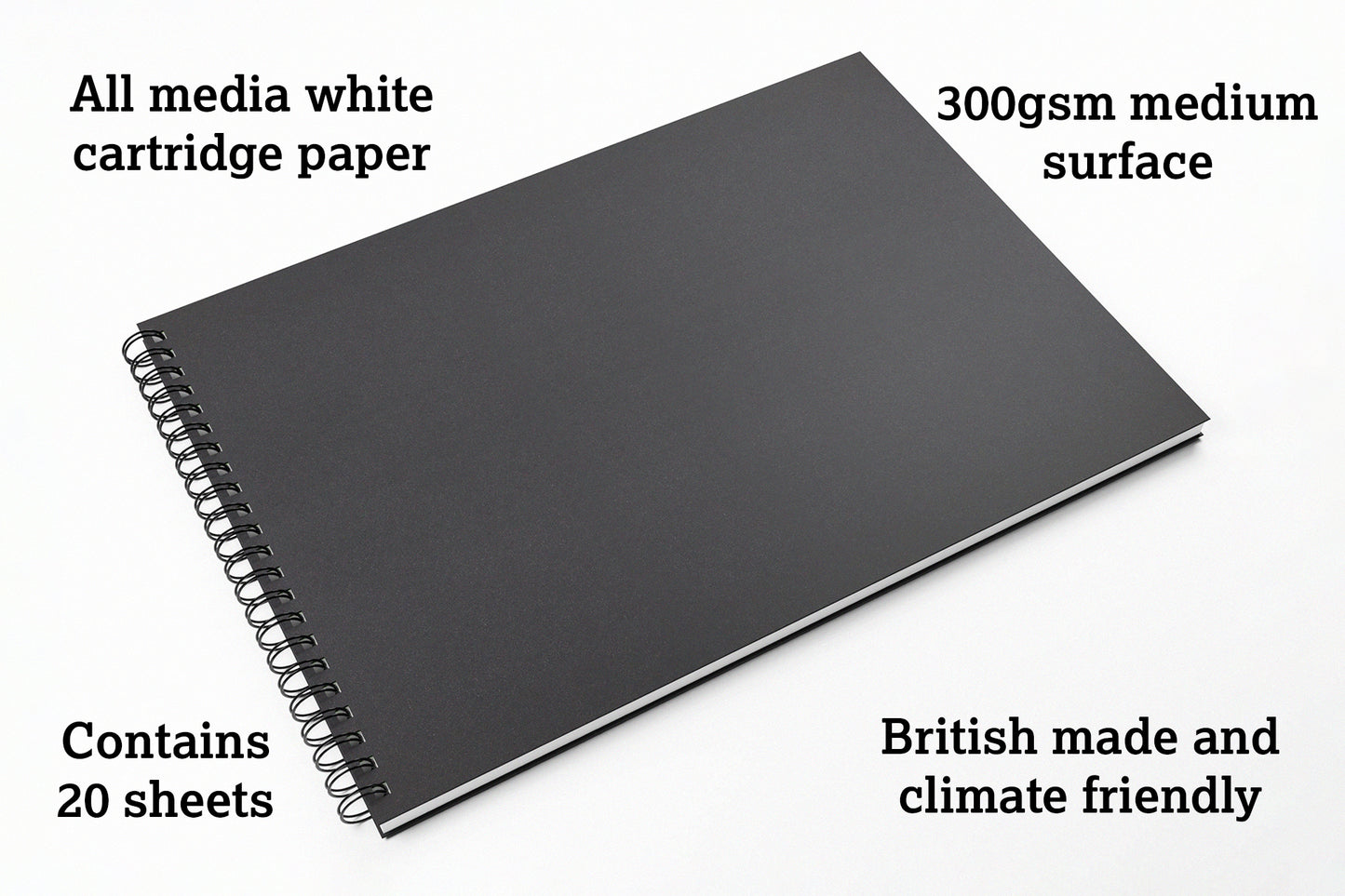 'Splashy' Watercolour sketchbook with black covers by Artgecko. Visual includes text on a white background
