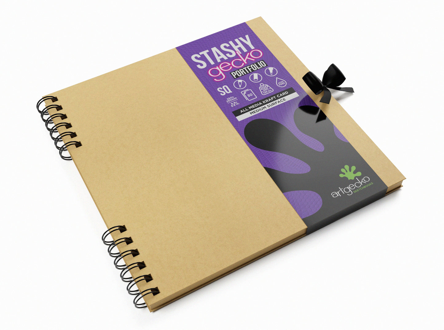 Skip bound square portfolio sketchbook with kraft card and kraft hardback covers and black tie ribbon.